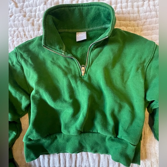 TNA Aritzia Cozy Fleece Money Green 1/4 Quarter Zip Cropped Sweatshirt Vintage S - Picture 5 of 14
